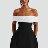 Midi Dress with Satin Neckline and Flared Skirt for Women