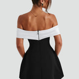 Midi Dress with Satin Neckline and Flared Skirt for Women
